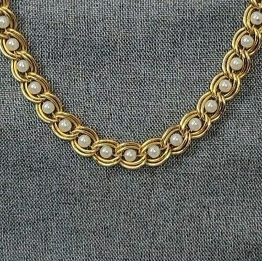 Vintage Caged Pearl Necklace Goldtone Double Open Link Appx 18.5" FAUX PEARL